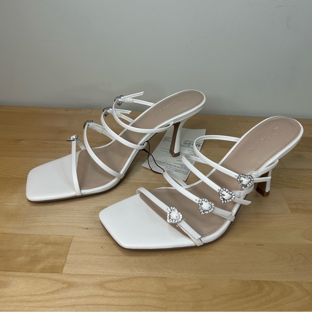 The Drop White Rhinestone Heart Mule Heels Size 9.5 Bridal NWT